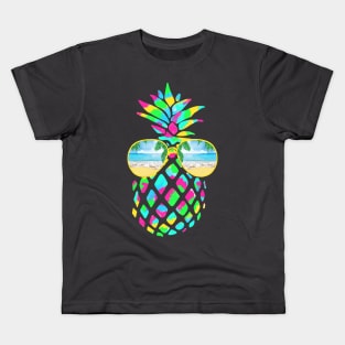 Splash of color Pineapple with Sunglasses and ocean scene Kids T-Shirt